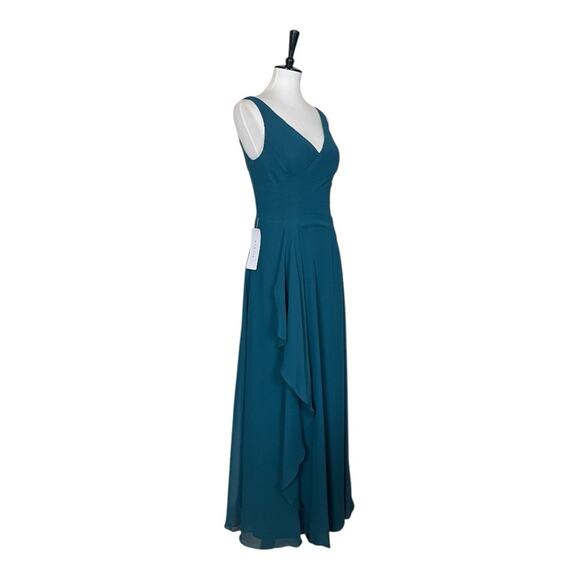 Azazie Kori New Bridesmaid Dress V-neck Chiffon Gown Peakcock Teal Women Size 6 - Picture 4 of 16